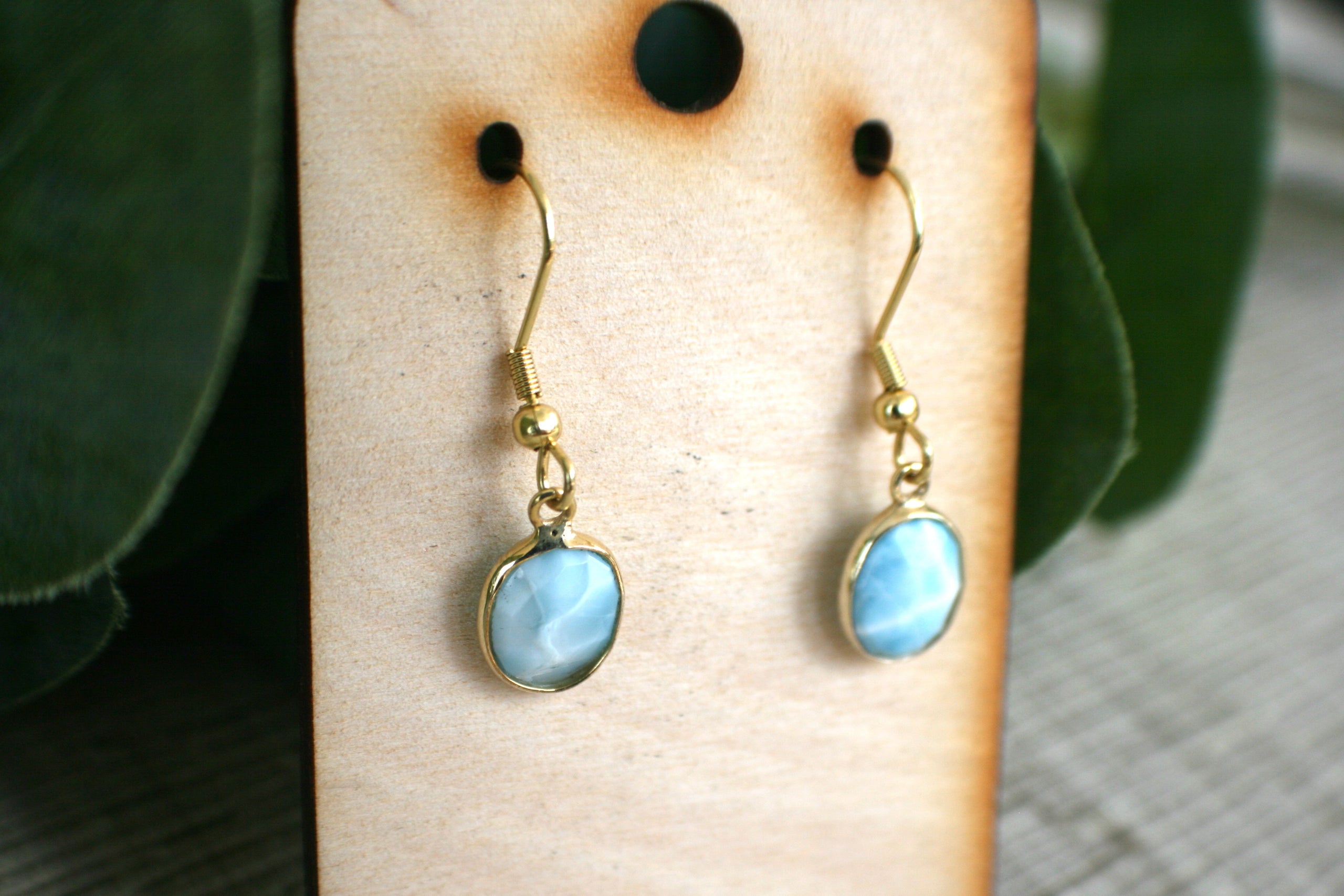 Larimar and online turquoise gemstone gold dangle earrings