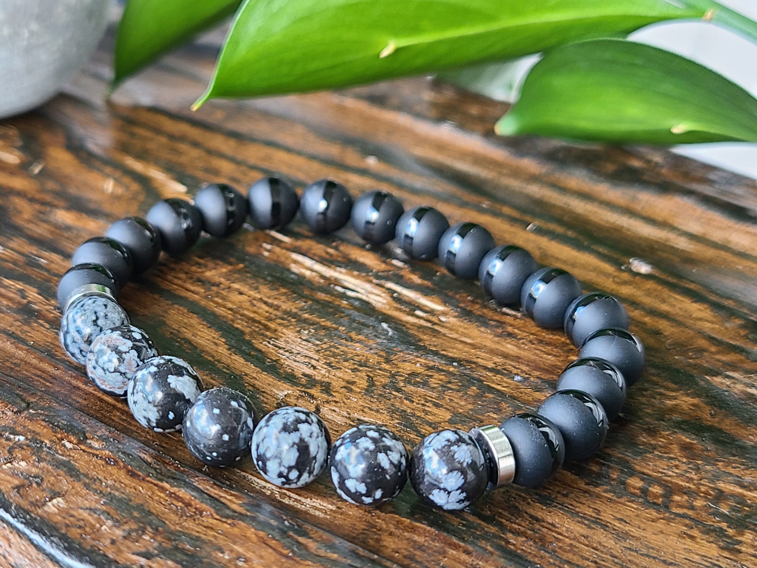 Men's Confidence & Strength Bracelet | Reiki Healing Mala Beads | Snowflake Obsidian | Black Onyx | Strong Protection | Emotional good Stability