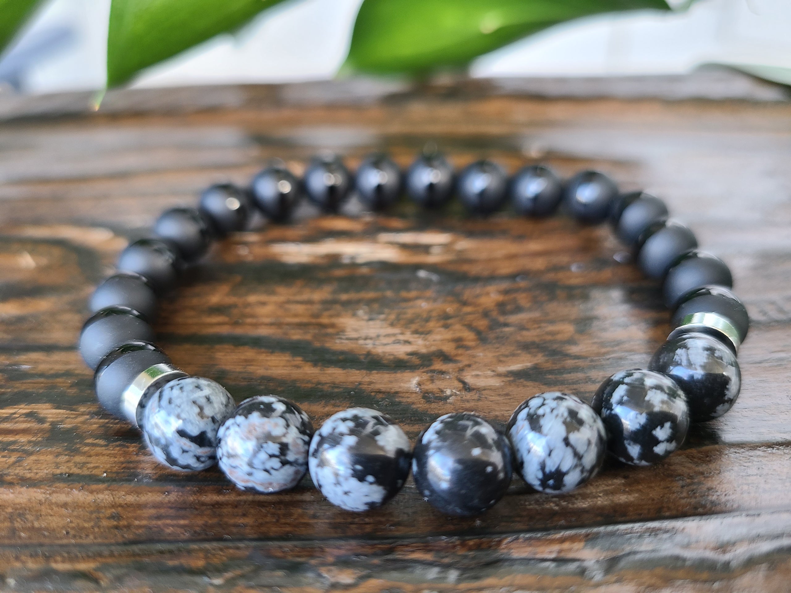 Men's 10mm high quality Black Onyx Stretch Bracelet with 12mm Snowflake Obsidian Accent Bead / Men's Jewelry / Genuine Gemstone Jewelry