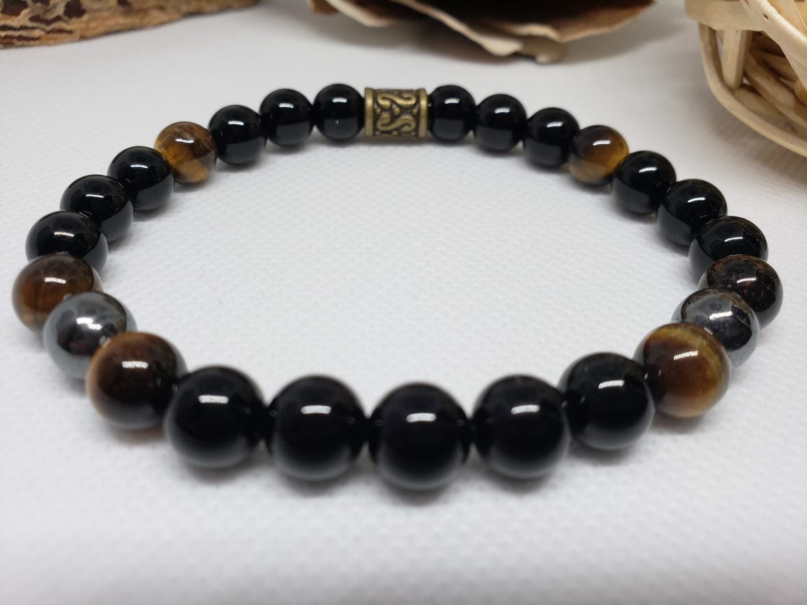 Tiger Eye Stone Black Obsidian Gem and Hematite Bead Bracelet 